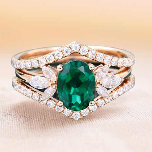 6X8MM Oval Cut Lab Emerald Bridal Ring Set