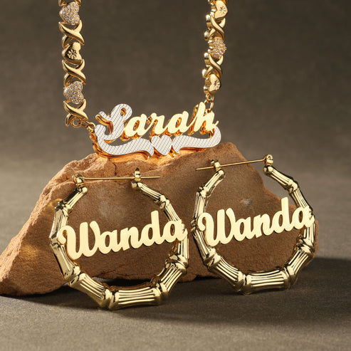 Custom Name Gold Necklace and Earring Set