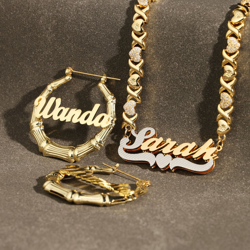 Custom Name Gold Necklace and Earring Set