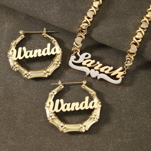 Custom Name Gold Necklace and Earring Set