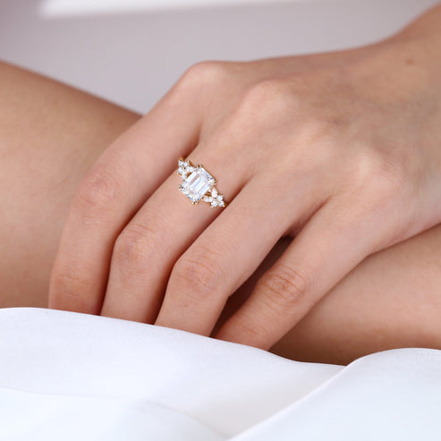 Emerald Cut Moissanite Cluster Engagement Ring