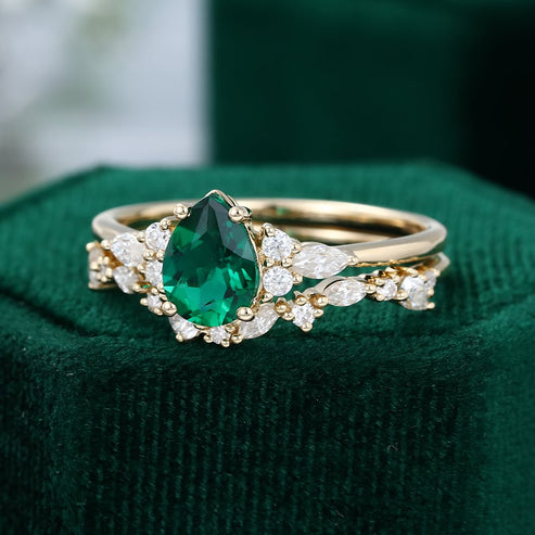Pear Shaped Lab Emerald Engagement Wedding Ring Set