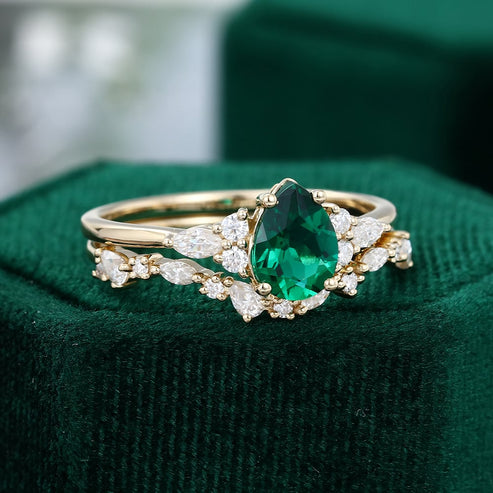 Pear Shaped Lab Emerald Engagement Wedding Ring Set