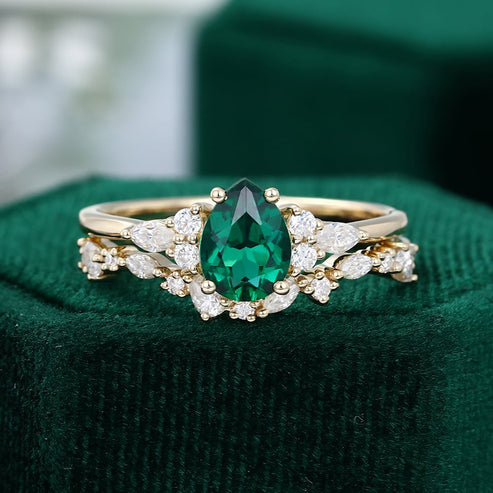 Pear Shaped Lab Emerald Engagement Wedding Ring Set