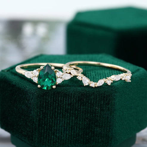 Pear Shaped Lab Emerald Engagement Wedding Ring Set