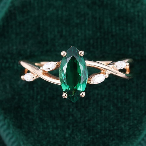 Split Shank Marquise Cut Emerald Engagement Ring