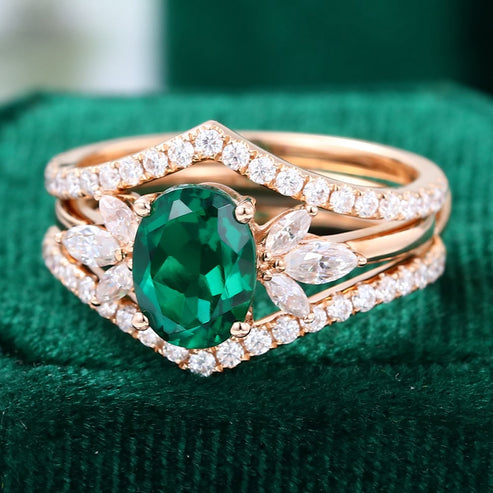 6X8MM Oval Cut Lab Emerald Bridal Ring Set