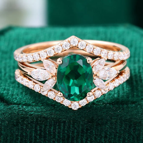 6X8MM Oval Cut Lab Emerald Bridal Ring Set