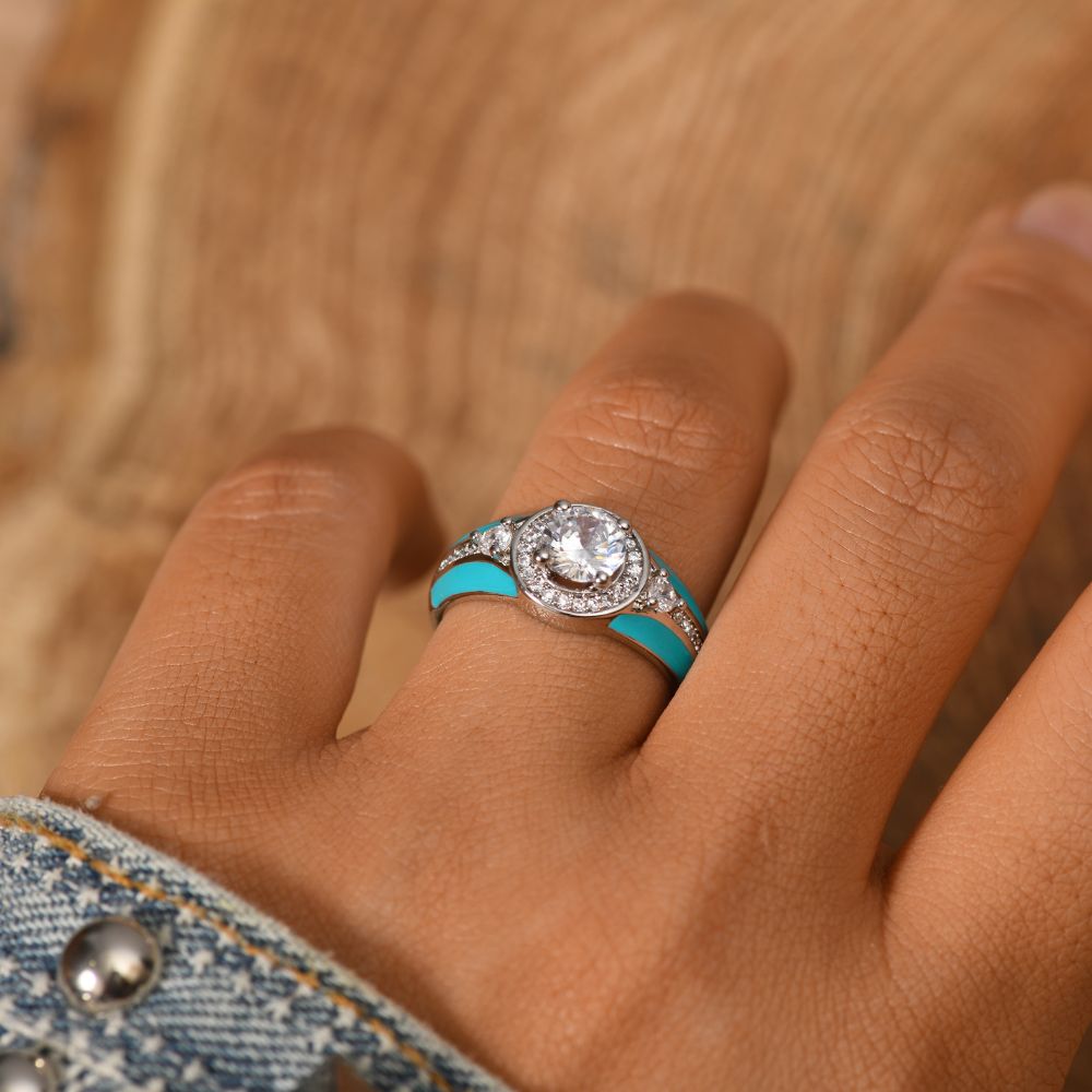 925S Turquoise Enamel Gemstone Moissanite Belt Ring