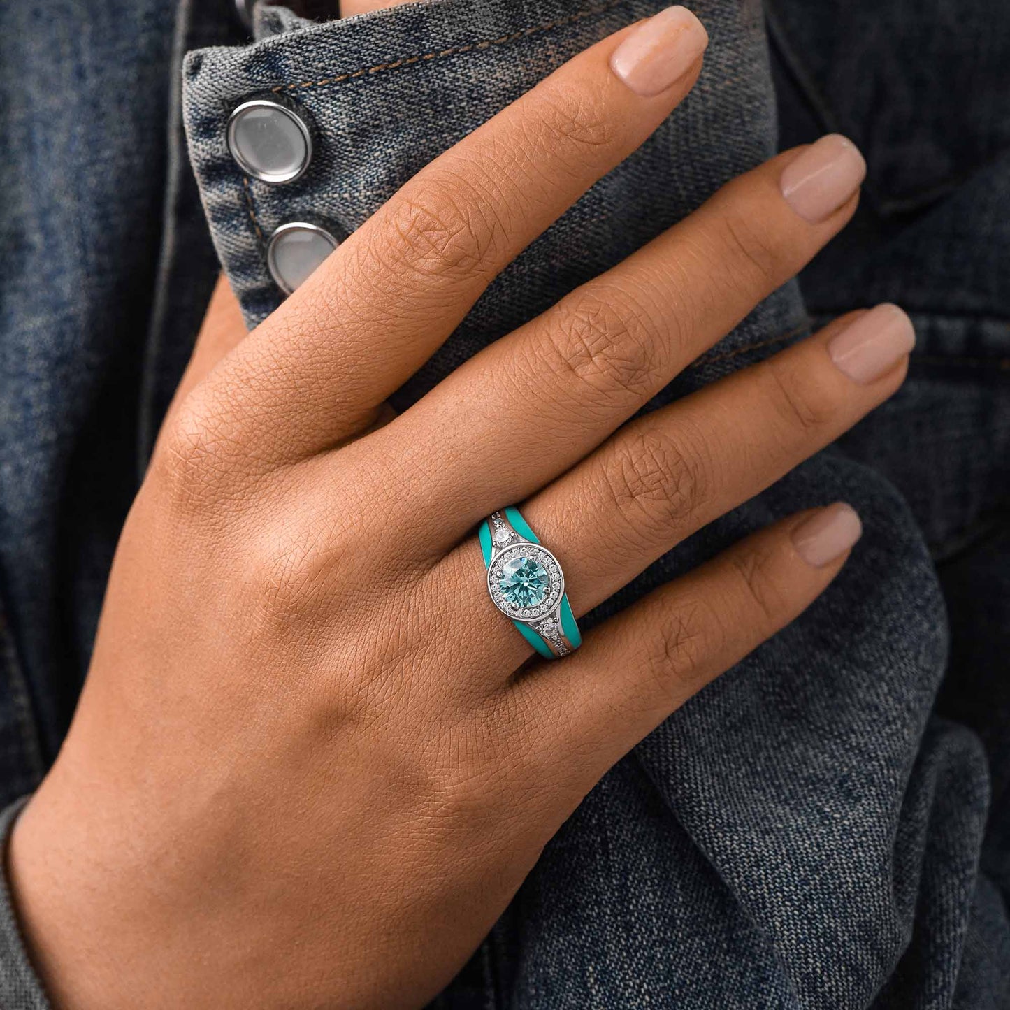 925S Turquoise Enamel Gemstone Moissanite Belt Ring