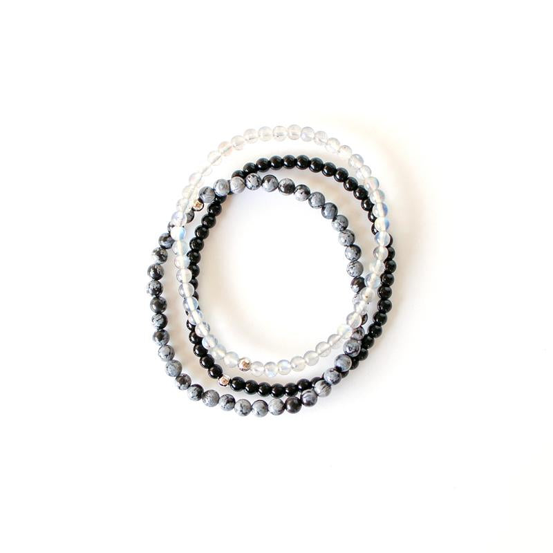 "Protect Your Energy" Natural Crystal Bracelet Set | Labradorite, Black Onyx & Snowflake Obsidian