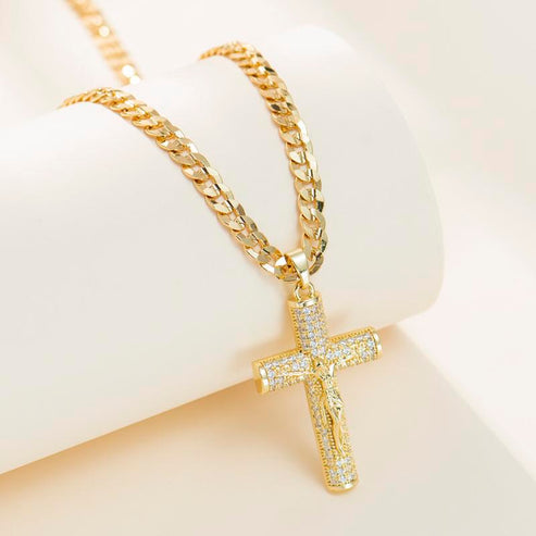Chaîne crucifix cubaine Jésus-Christ plaquée or 14 carats 