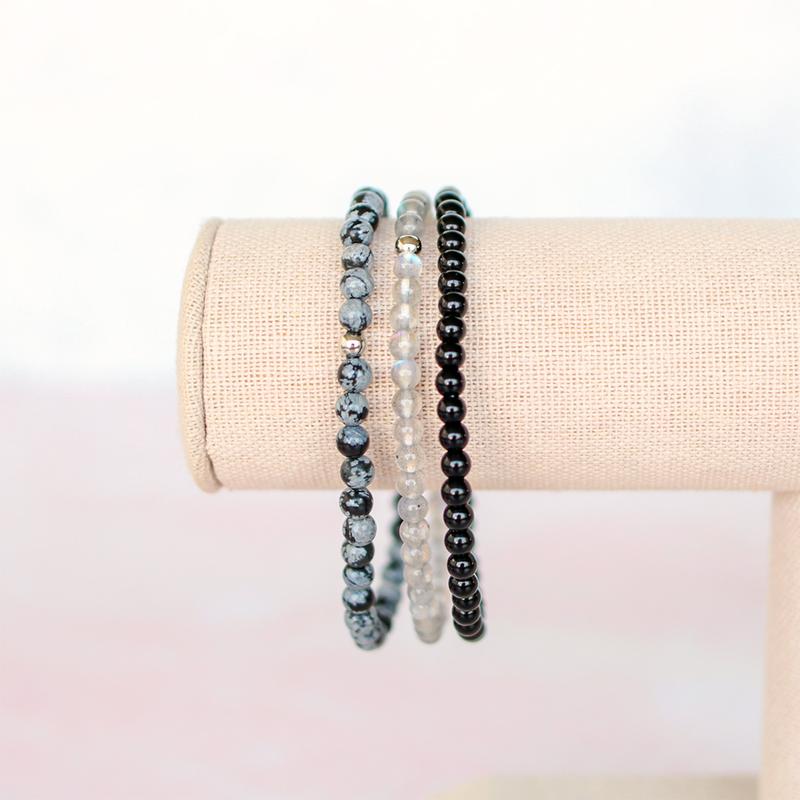 "Protect Your Energy" Natural Crystal Bracelet Set | Labradorite, Black Onyx & Snowflake Obsidian