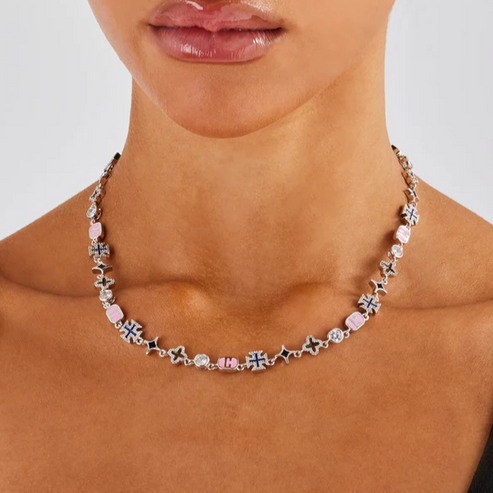 Collier à pierres précieuses roses à motifs mixtes 