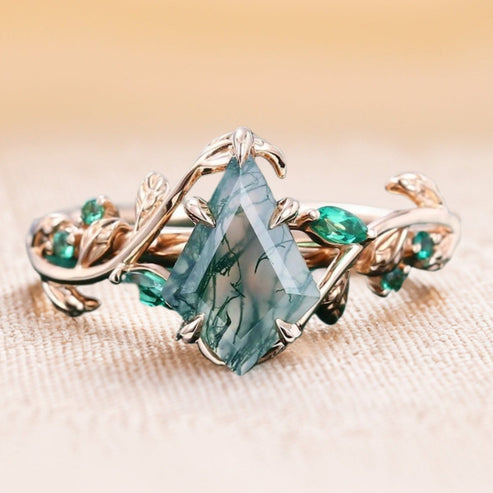 Kite Cut Moss Agate Bridal Ring Set