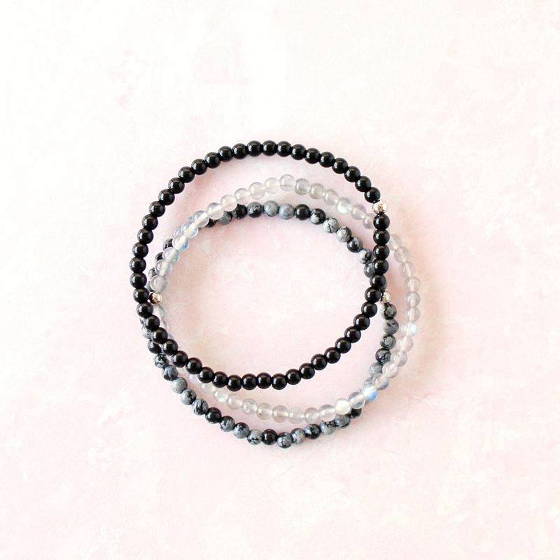 "Protect Your Energy" Natural Crystal Bracelet Set | Labradorite, Black Onyx & Snowflake Obsidian