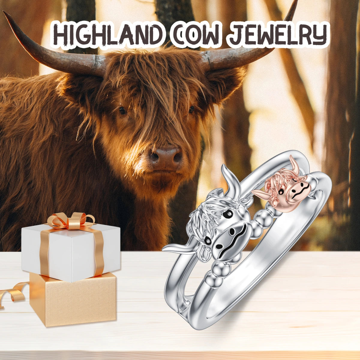Bague vache des Highlands bicolore en argent sterling 925 2025 