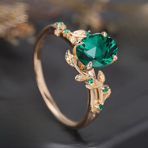 Lab Emerald Art Deco Nature Inspired Leaf Ring