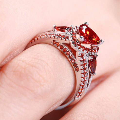 Bague en argent sterling avec halo de 3 pierres et cœur taillé 