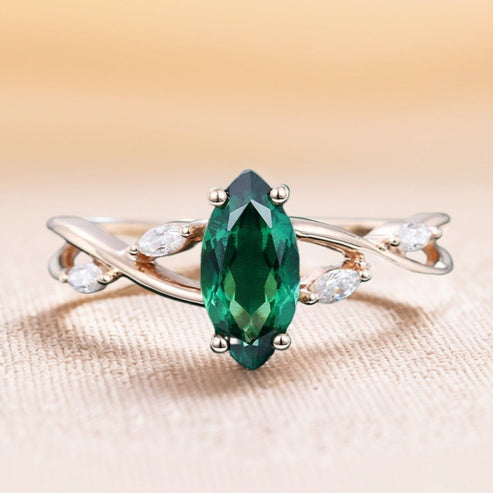 Split Shank Marquise Cut Emerald Engagement Ring