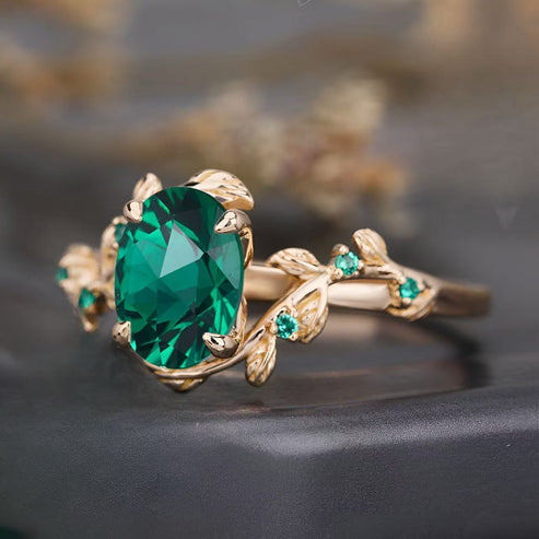 Lab Emerald Art Deco Nature Inspired Leaf Ring