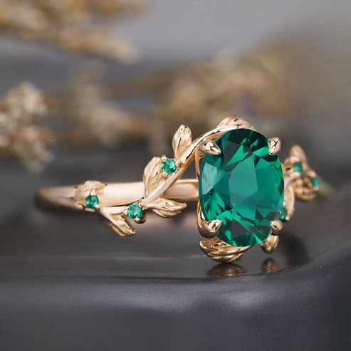 Lab Emerald Art Deco Nature Inspired Leaf Ring