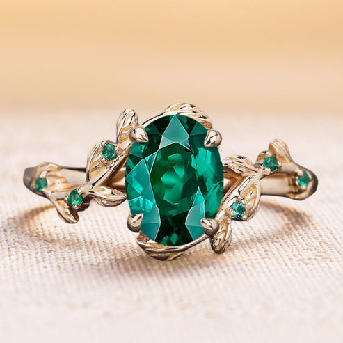 Lab Emerald Art Deco Nature Inspired Leaf Ring