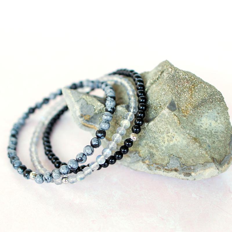 "Protect Your Energy" Natural Crystal Bracelet Set | Labradorite, Black Onyx & Snowflake Obsidian