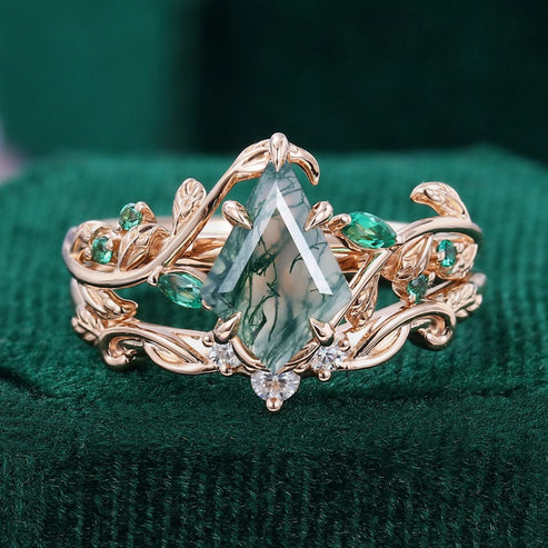 Kite Cut Moss Agate Bridal Ring Set