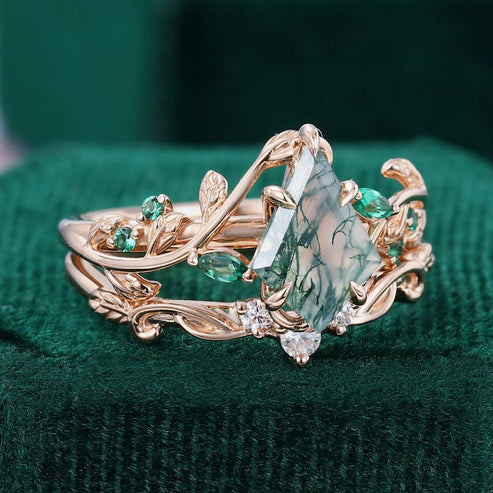 Kite Cut Moss Agate Bridal Ring Set