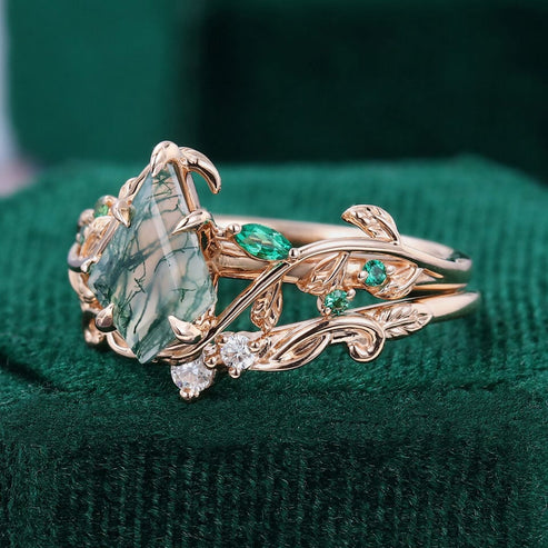 Kite Cut Moss Agate Bridal Ring Set