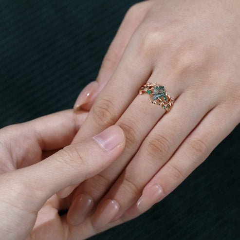 Kite Cut Moss Agate Bridal Ring Set