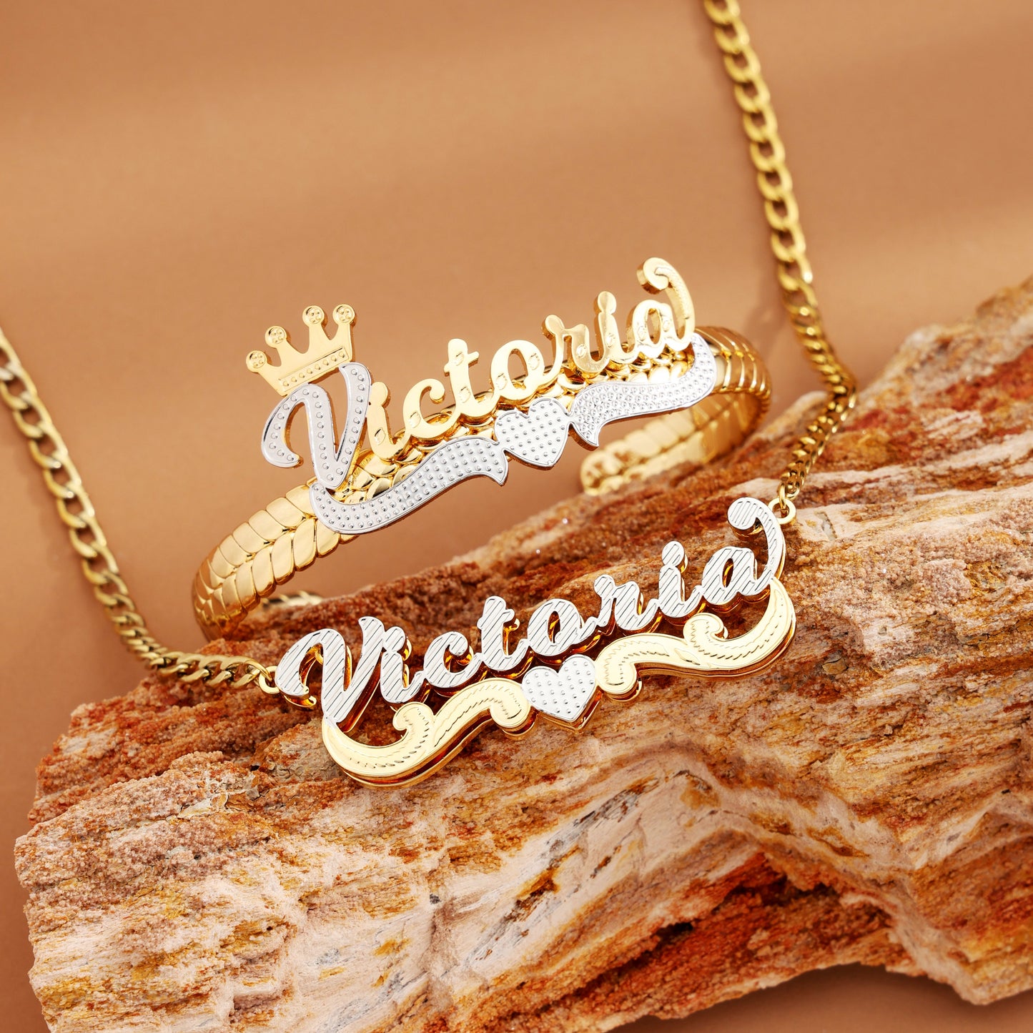 Custom Crown Heart Name Bracelet and Necklace Set