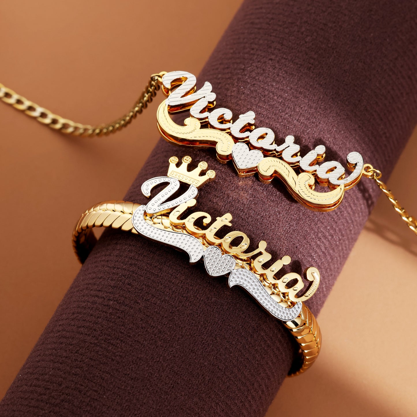 Custom Crown Heart Name Bracelet and Necklace Set