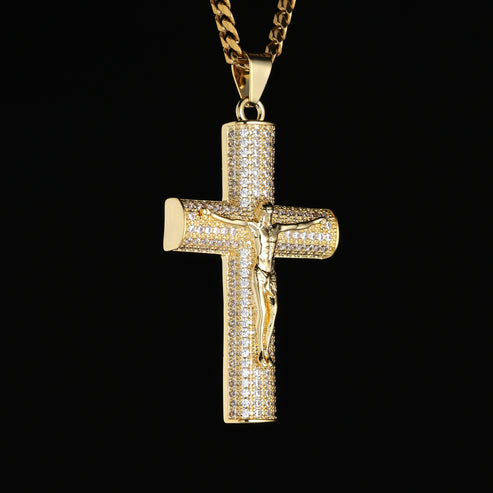 Chaîne crucifix cubaine Jésus-Christ plaquée or 14 carats 