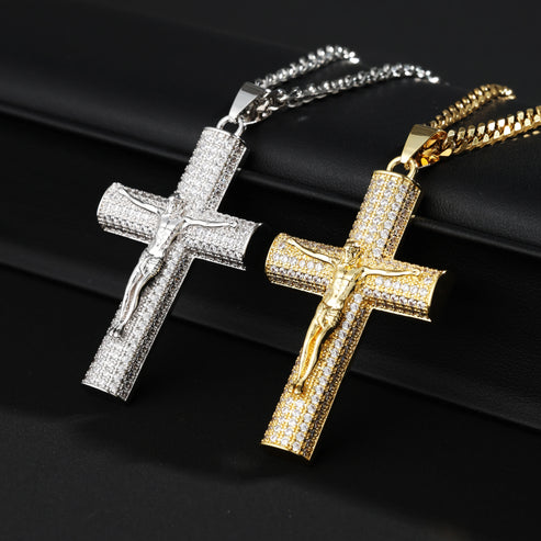 Chaîne crucifix cubaine Jésus-Christ plaquée or 14 carats 