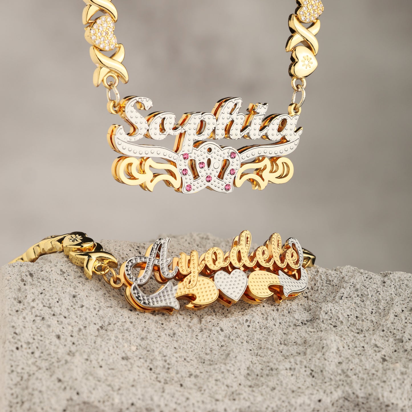Customzed Name Bracelet Double Heart Necklace Set