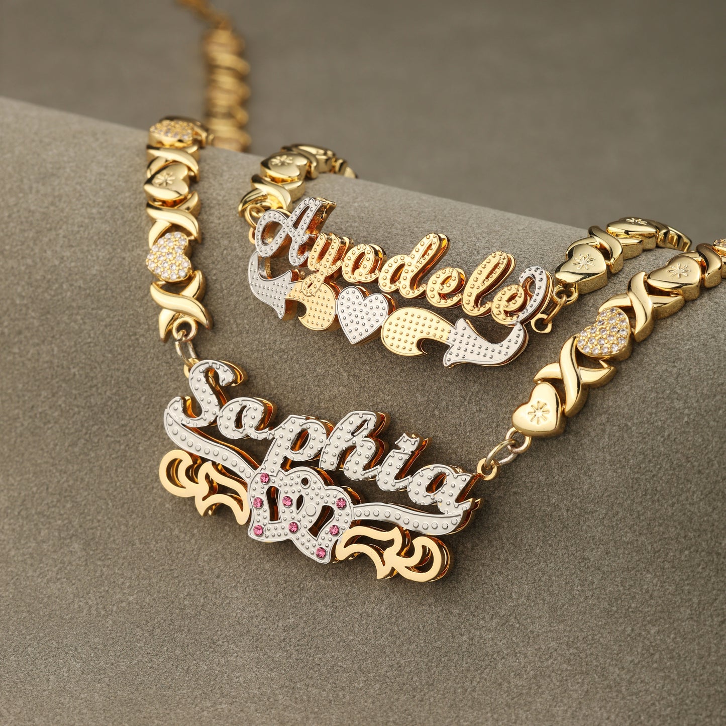 Customzed Name Bracelet Double Heart Necklace Set
