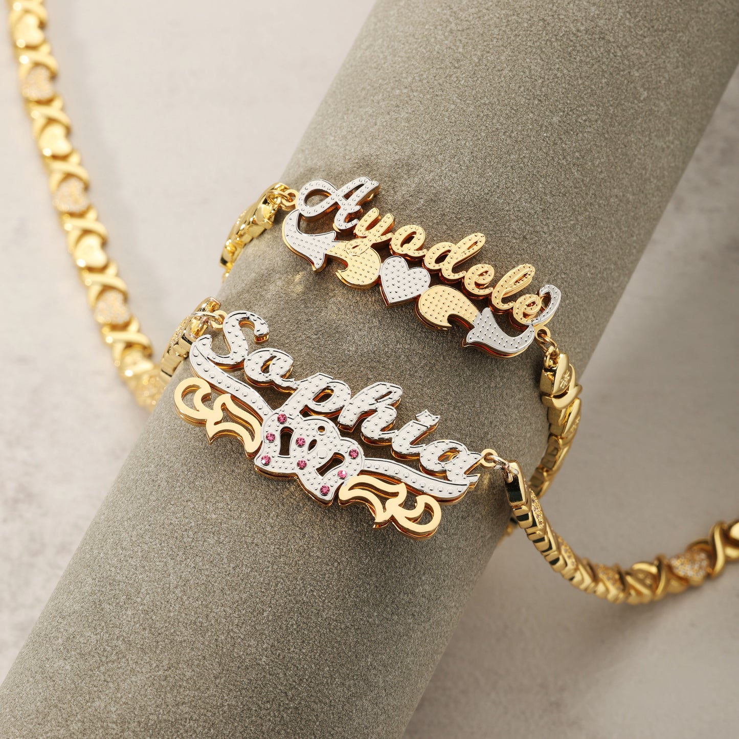 Customzed Name Bracelet Double Heart Necklace Set