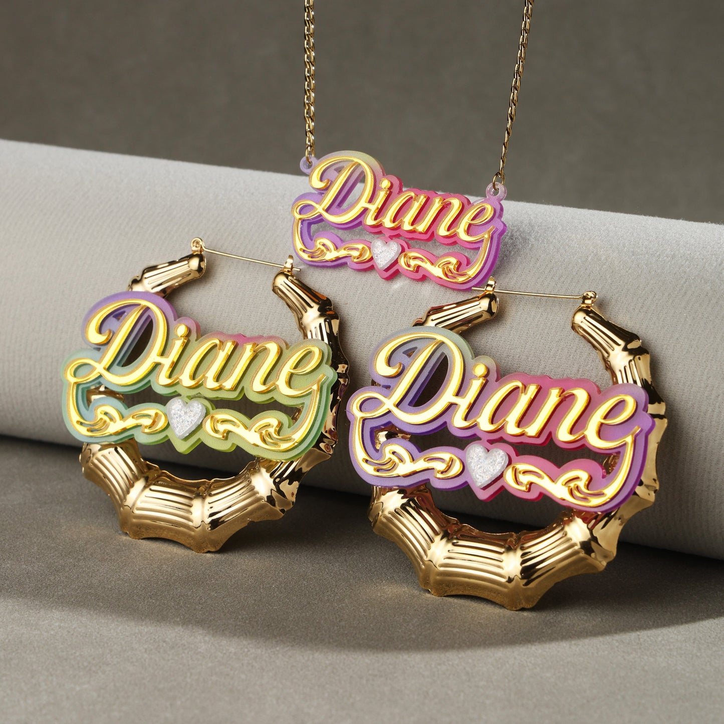 Colorful Bamboo Name Hoop Earrings and Necklace Set