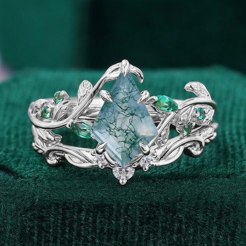 Kite Cut Moss Agate Bridal Ring Set