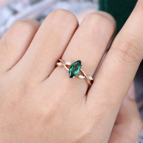 Split Shank Marquise Cut Emerald Engagement Ring