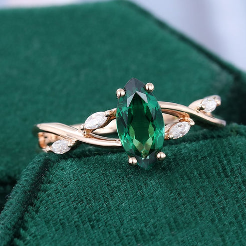 Split Shank Marquise Cut Emerald Engagement Ring
