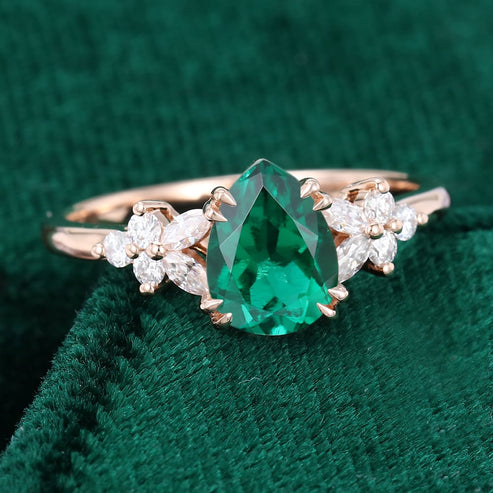 Pear Shaped Lab Emerald With Moissanite Blossom Engagement Ring