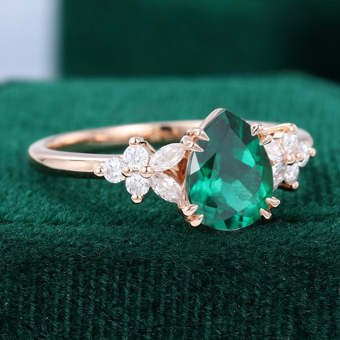 Pear Shaped Lab Emerald With Moissanite Blossom Engagement Ring