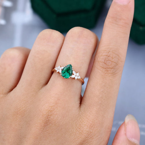 Pear Shaped Lab Emerald With Moissanite Blossom Engagement Ring