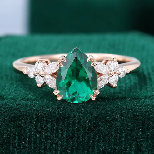 Pear Shaped Lab Emerald With Moissanite Blossom Engagement Ring