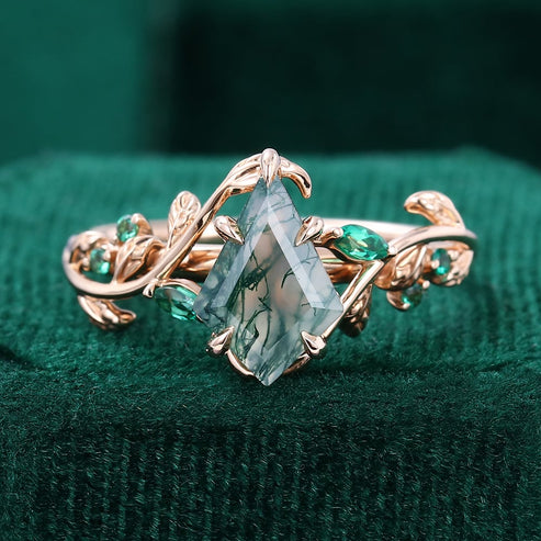 Kite Cut Moss Agate Bridal Ring Set
