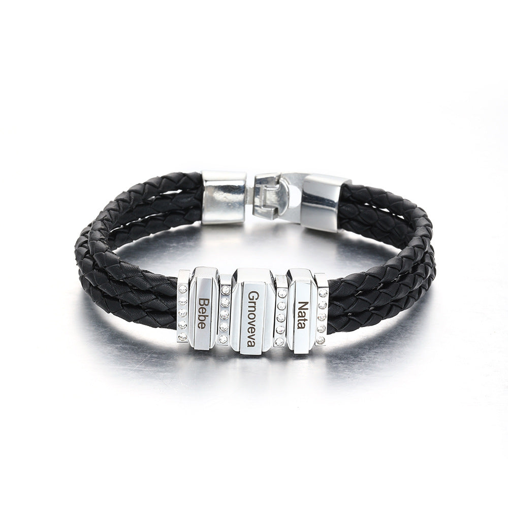 Custom Diamond Men Braided Leather Bracelet