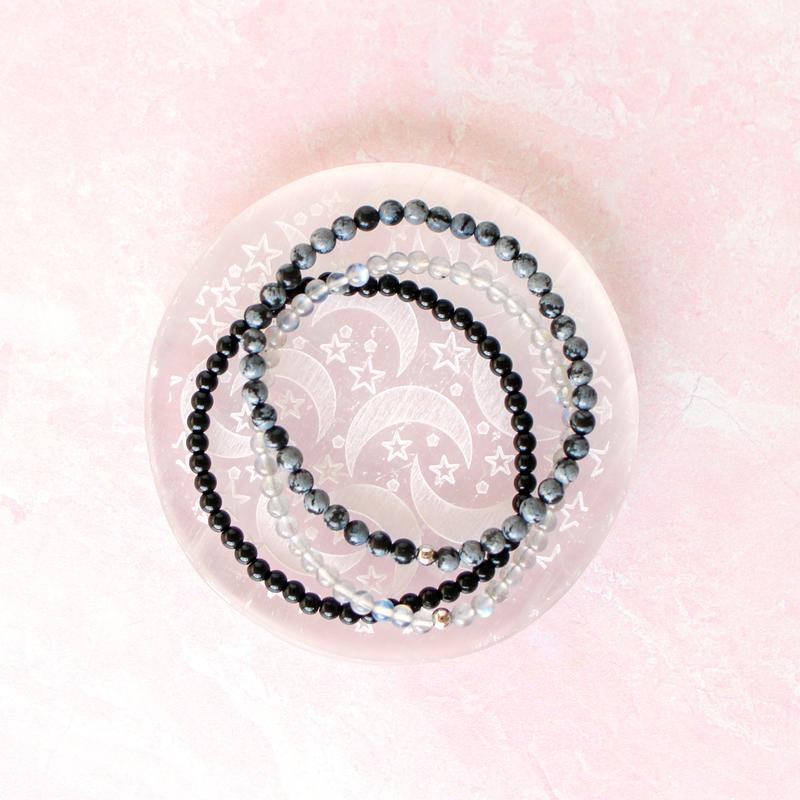 "Protect Your Energy" Natural Crystal Bracelet Set | Labradorite, Black Onyx & Snowflake Obsidian